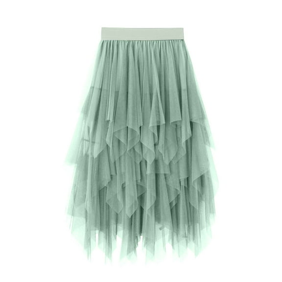Cxenplz Tulle Skirts for Women Asymmetrical Pleated Tutu Midi Skirt Casual Cocktail Party Beach Elastic Waist Mesh Layered Skirts on Clearance