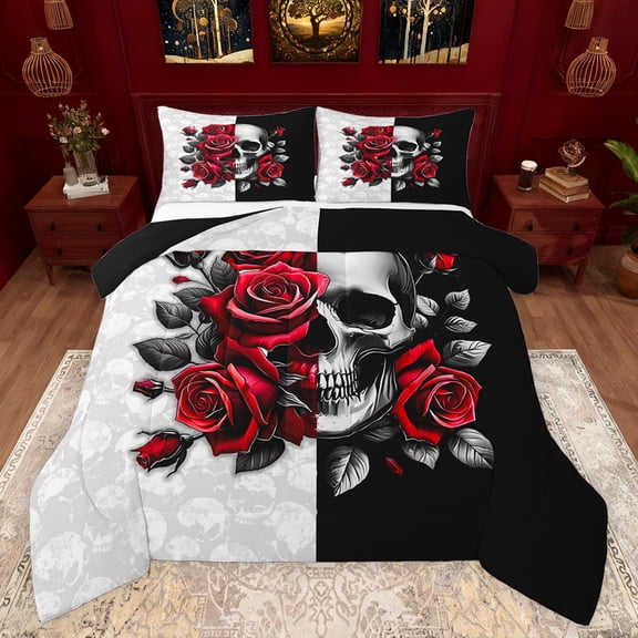 Feelyou Gothic Skull Teens Bedding Comforter Set, Valentine's Day Rose Twin Comforter Sets, Black Red Flower Reversible Bedding Set, Microfiber Bedroom Decor, 2-Piece