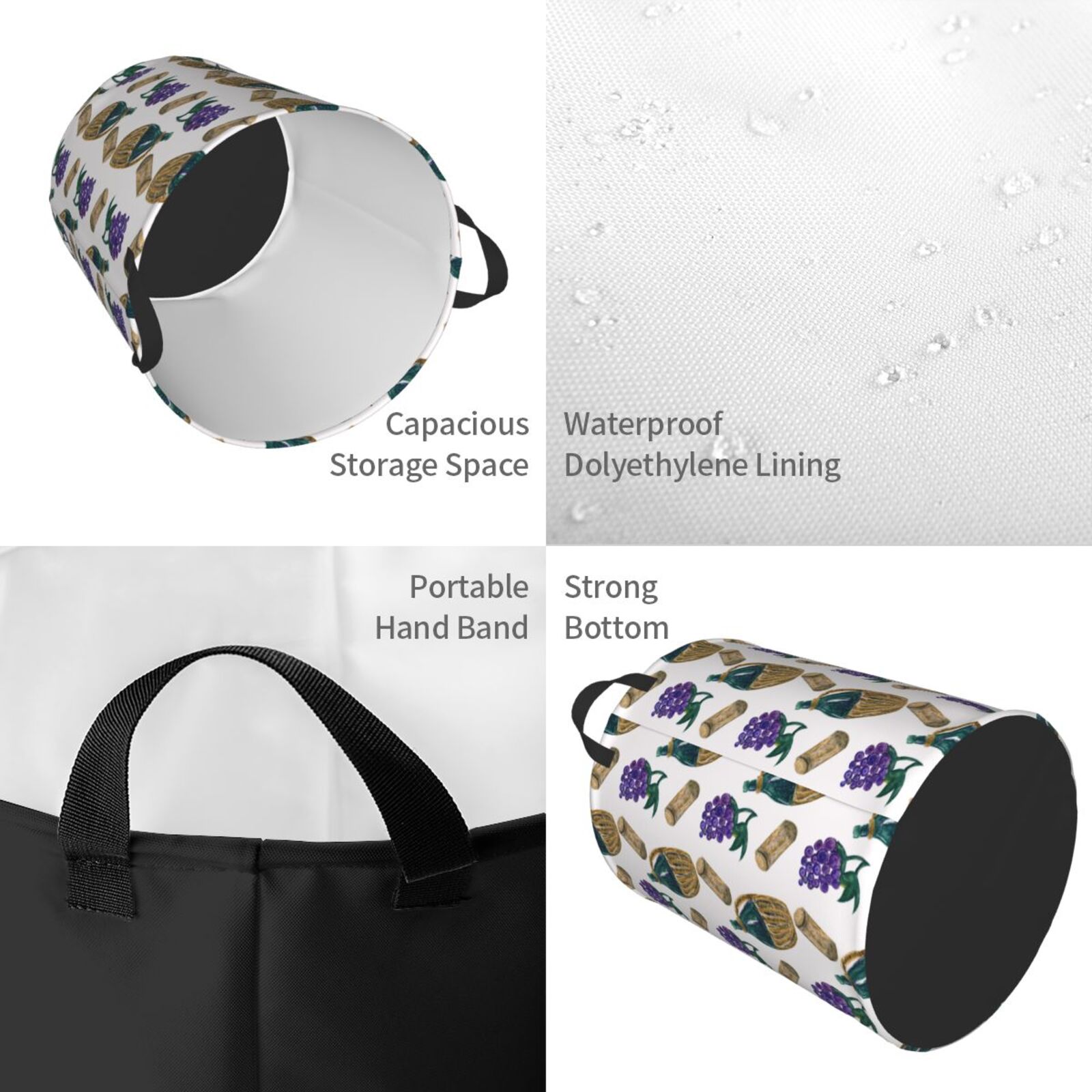 Large Laundry Basket with Handles - Wine grape Print No.J927 Kids Baby Dirty Clothes Laundry Hamper for Bedroom Aesthetic