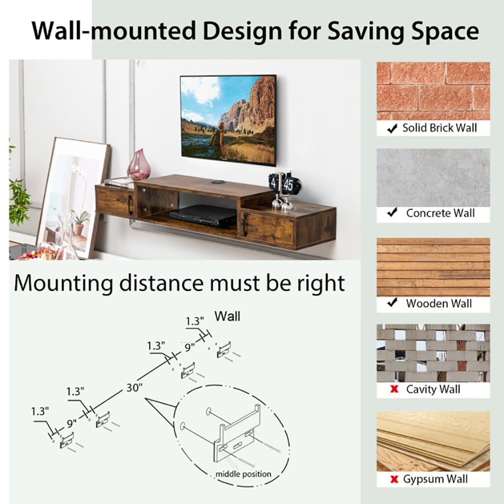 Finihen TV Stand, TV Cabinet, 55 Inches Floating TV Stand with Power Outlet, Media Entertainment Center with Storage, for Living Room, Bedroom, Rustic Brown