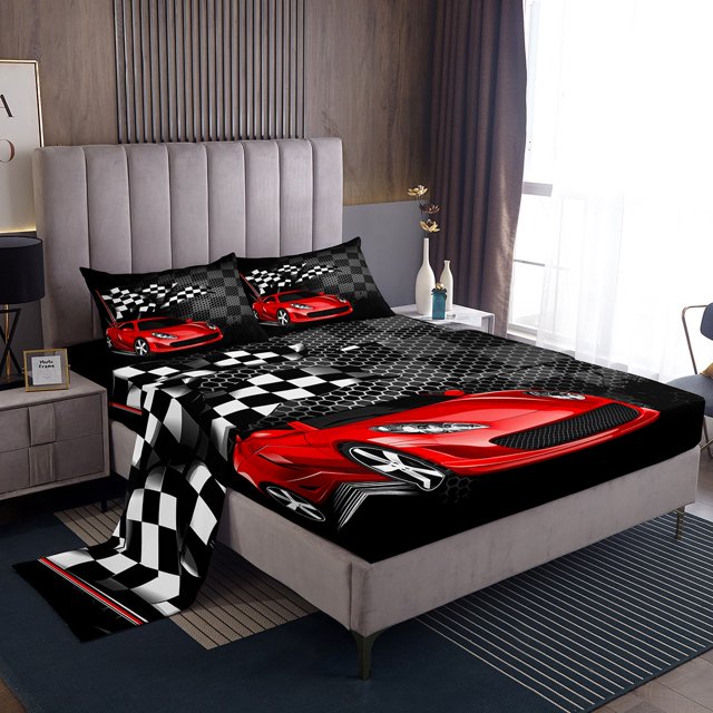 Erosebridal Sports Car King Sheet Sets, Racing Car Flag Bedding King Size, Sports Theme Decor, Microfiber 4pcs