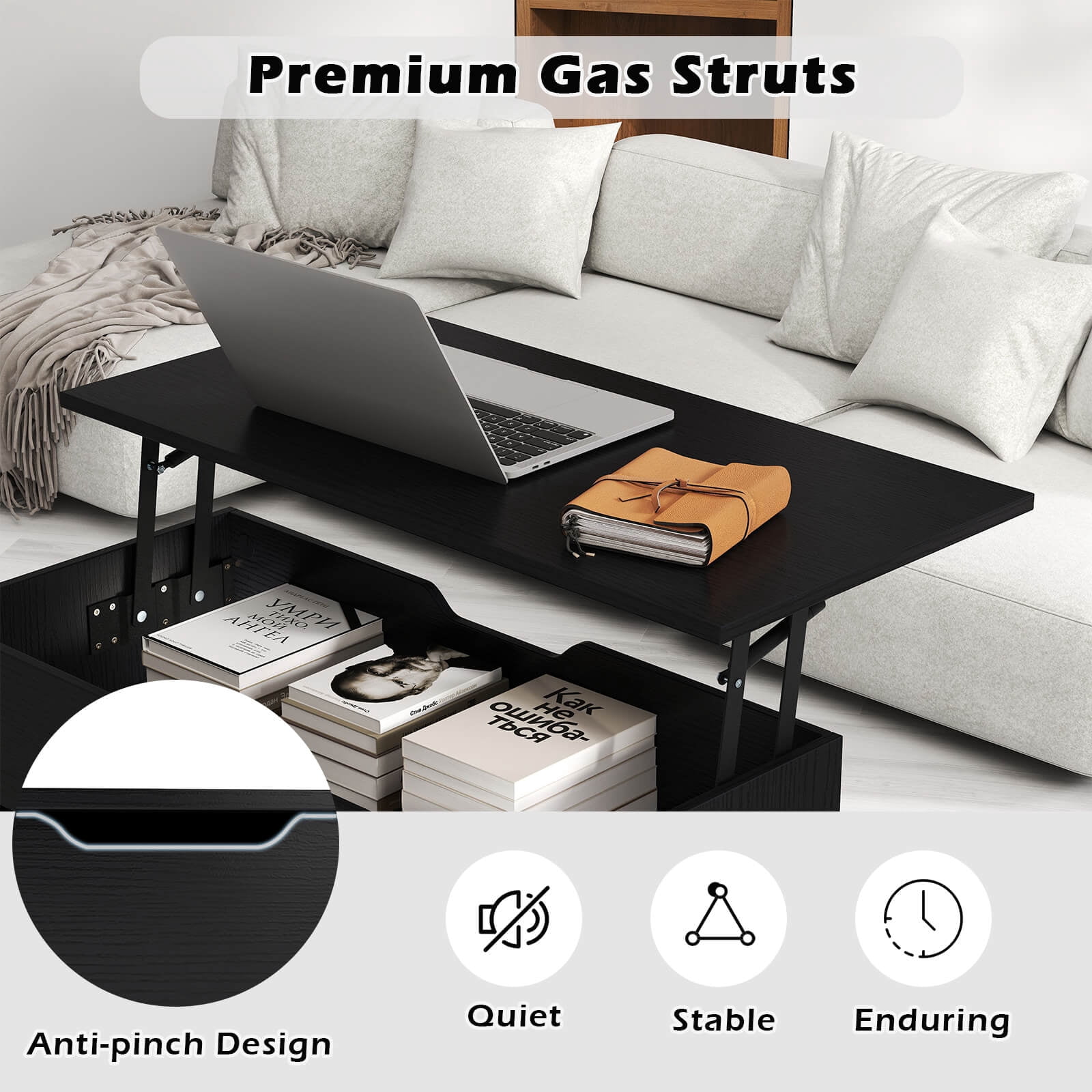 Costway Lift Top Coffee Table with Hidden Compartment Open Storage Shelves for Reception Black