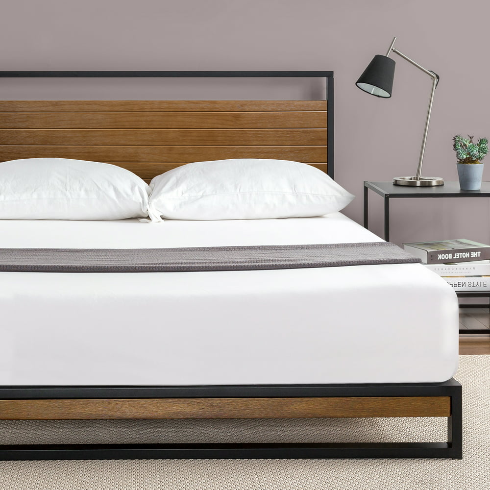Zinus Suzanne 37” Metal and Wood Platform Bed Frame, Chestnut brown