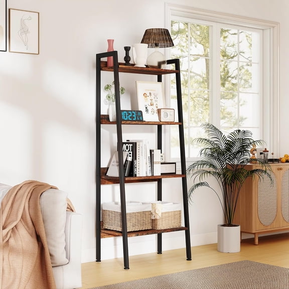 Ladder Shelf, 4 Tier Ladder Shelf, 22” Wide Tower Storage Shelf for Books, Anti Tip Feature, Steel Frame, Perfect for Bookshelf, Plants, Kitchen, Living Room, Office, Rustic Brown