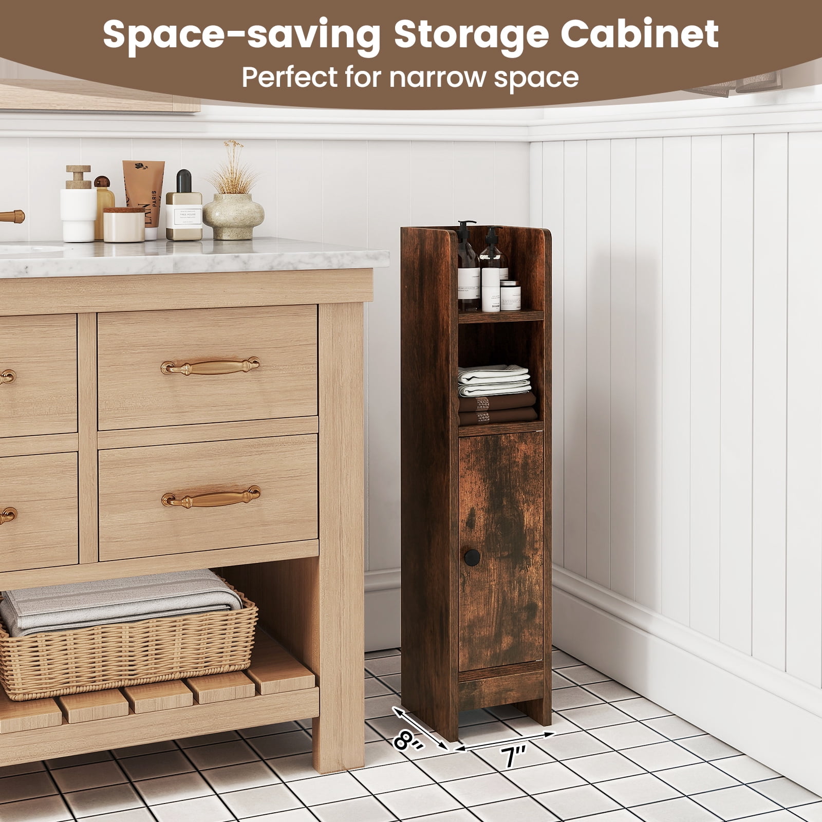 Giantex Slim Corner Bathroom Cabinet, Narrow Floor Cabinet w/ 3-Level Adjustable Shelf, Freestanding Storage Organizer, Brown