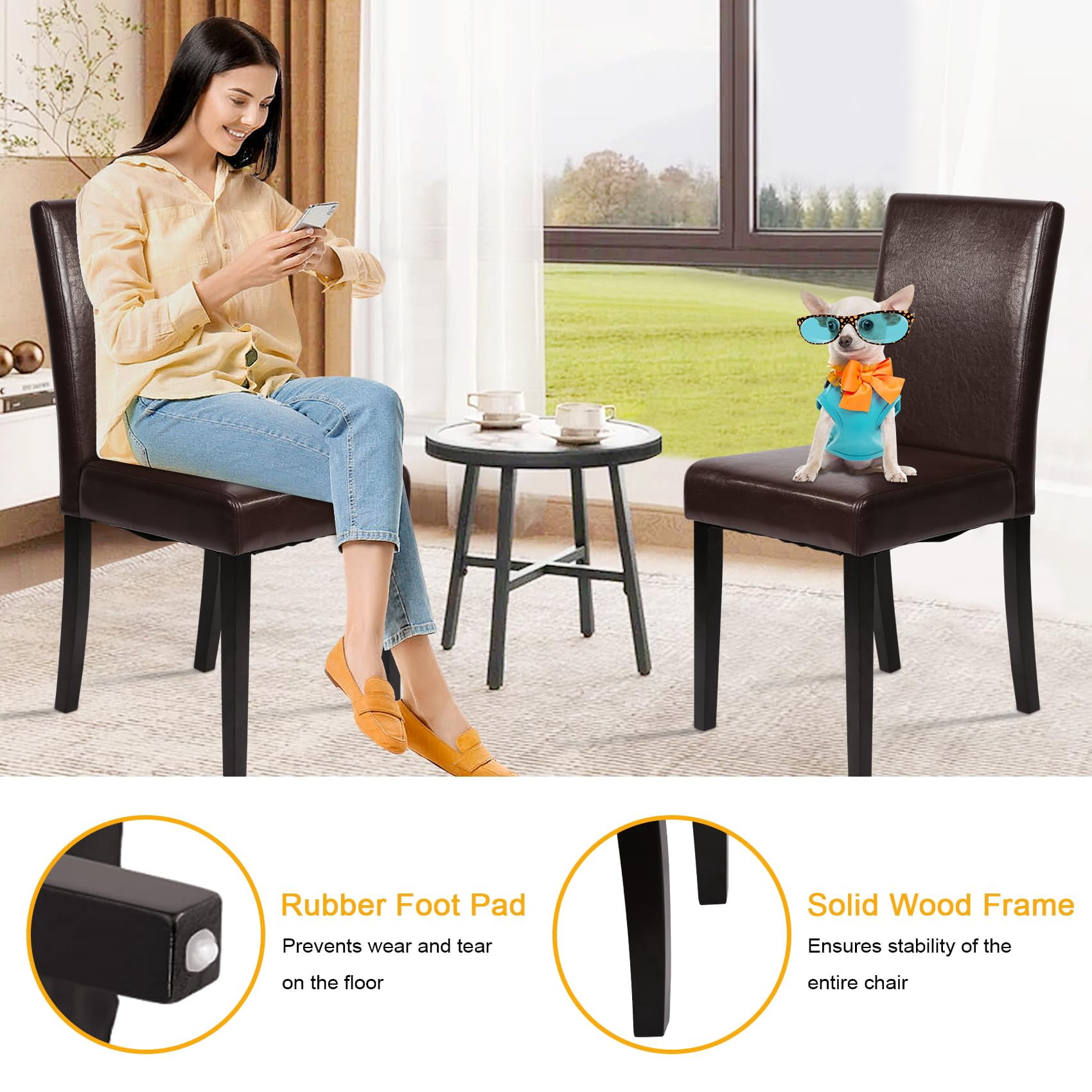 NiamVelo Dining Chairs Set of 4 PU Leather Dining Room Chairs with Waterproof Surface and Wood Legs for Kitchen Restaurant and Living Room,Brown