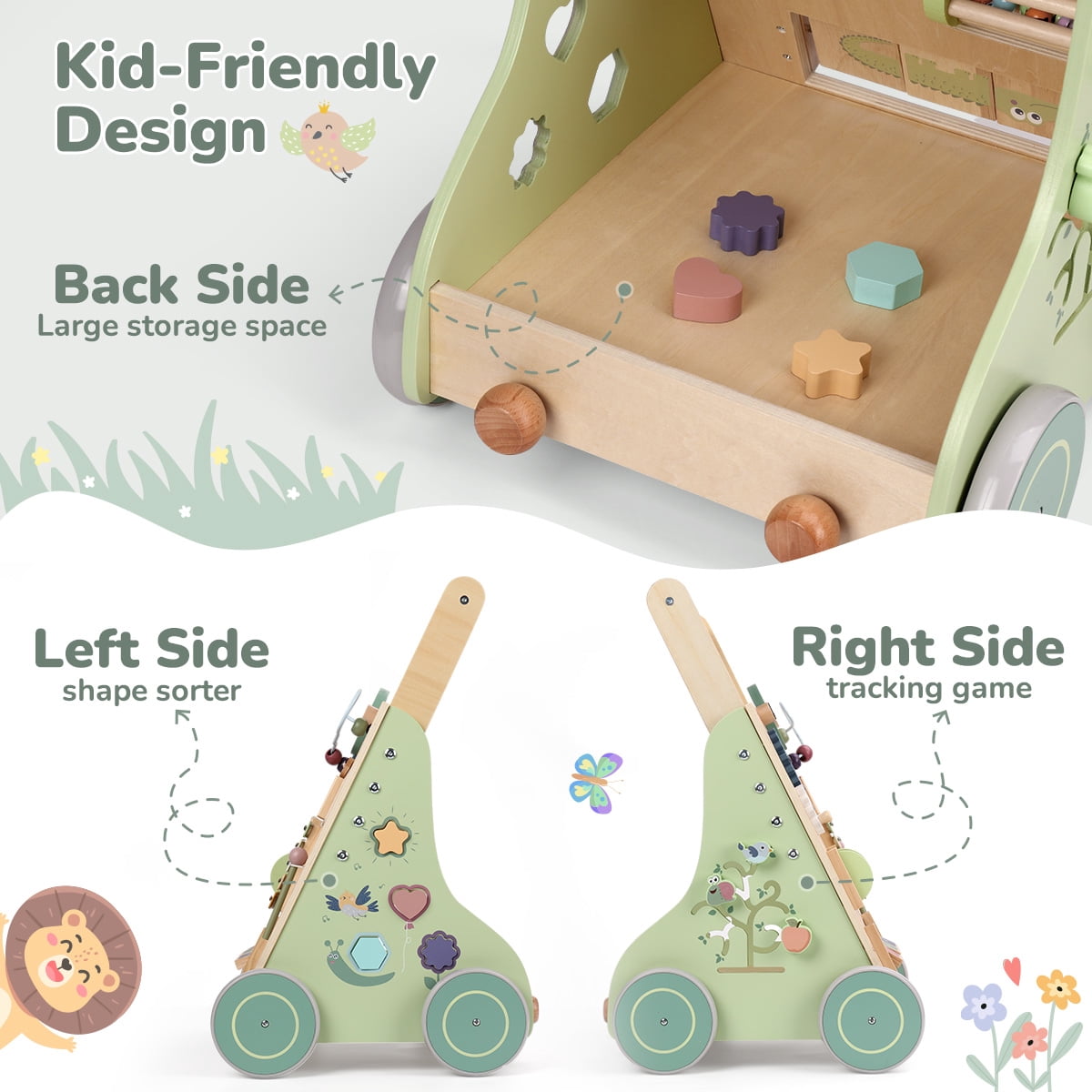 Wooden Baby Walker, Caveen Montessori Push Walker with Activity Center，Adjustable Speed and Height Baby Push Walking Toys for 12 Months
