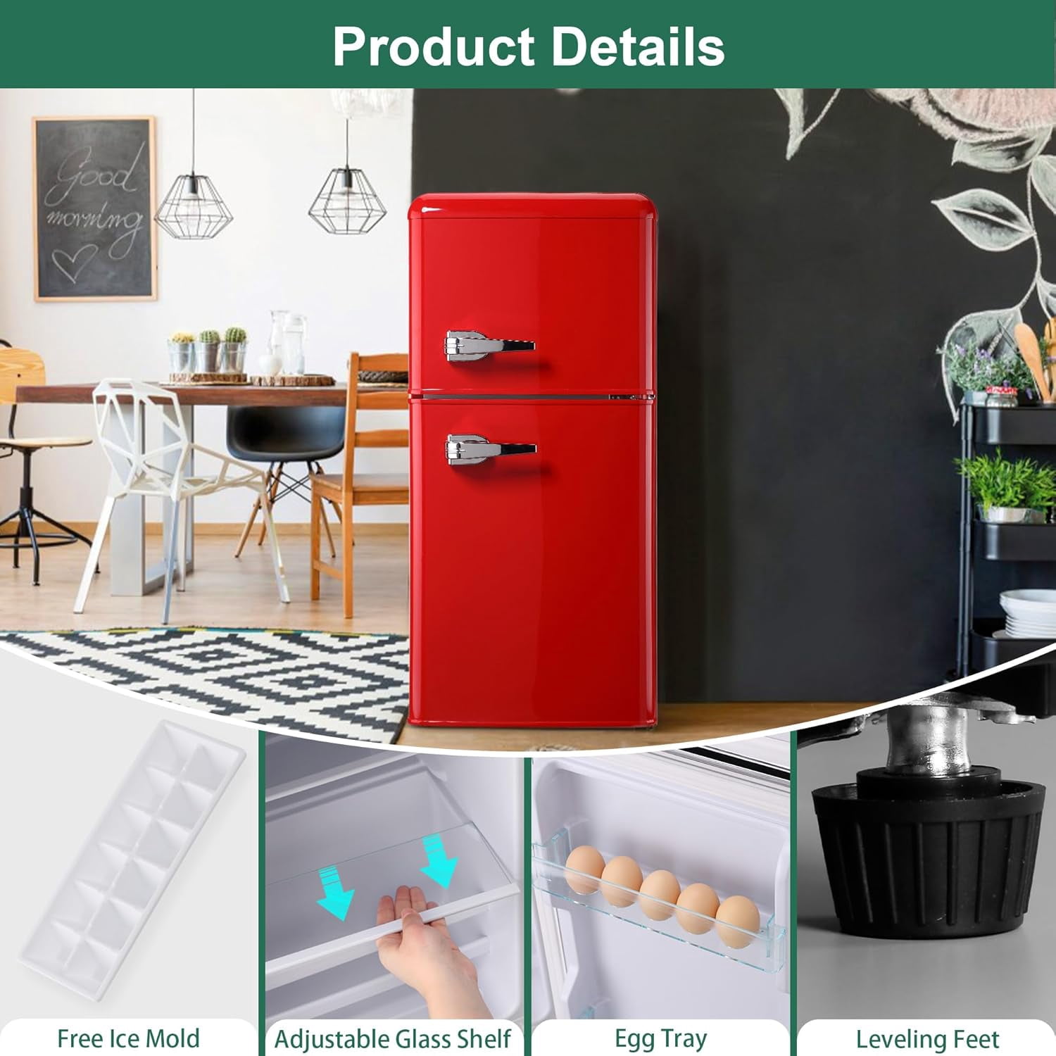 Kcpolre Retro Mini Fridge, 3.0 Cu. ft. Small Refrigerator with Freezer Retro Style with 7-Level Adjustable Thermostat, Compact Vintage 2-Door Fridge for Home, Apartments, Dorm, Office, Red