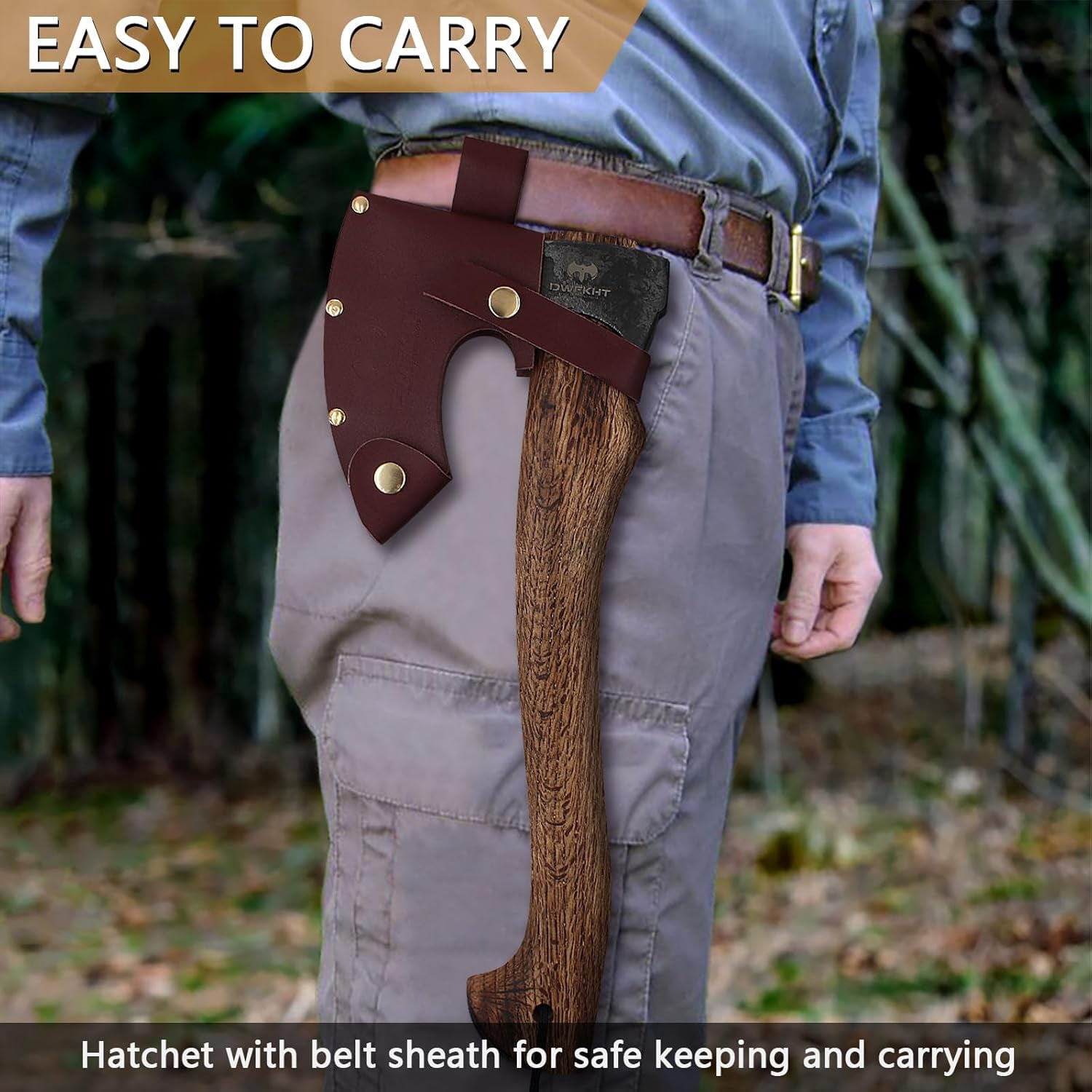 DWFKHT 15.7" Camping Hatchet Axe with Sheath, 1065 Steel Bushcraft Tool for Wood Chopping & Outdoors