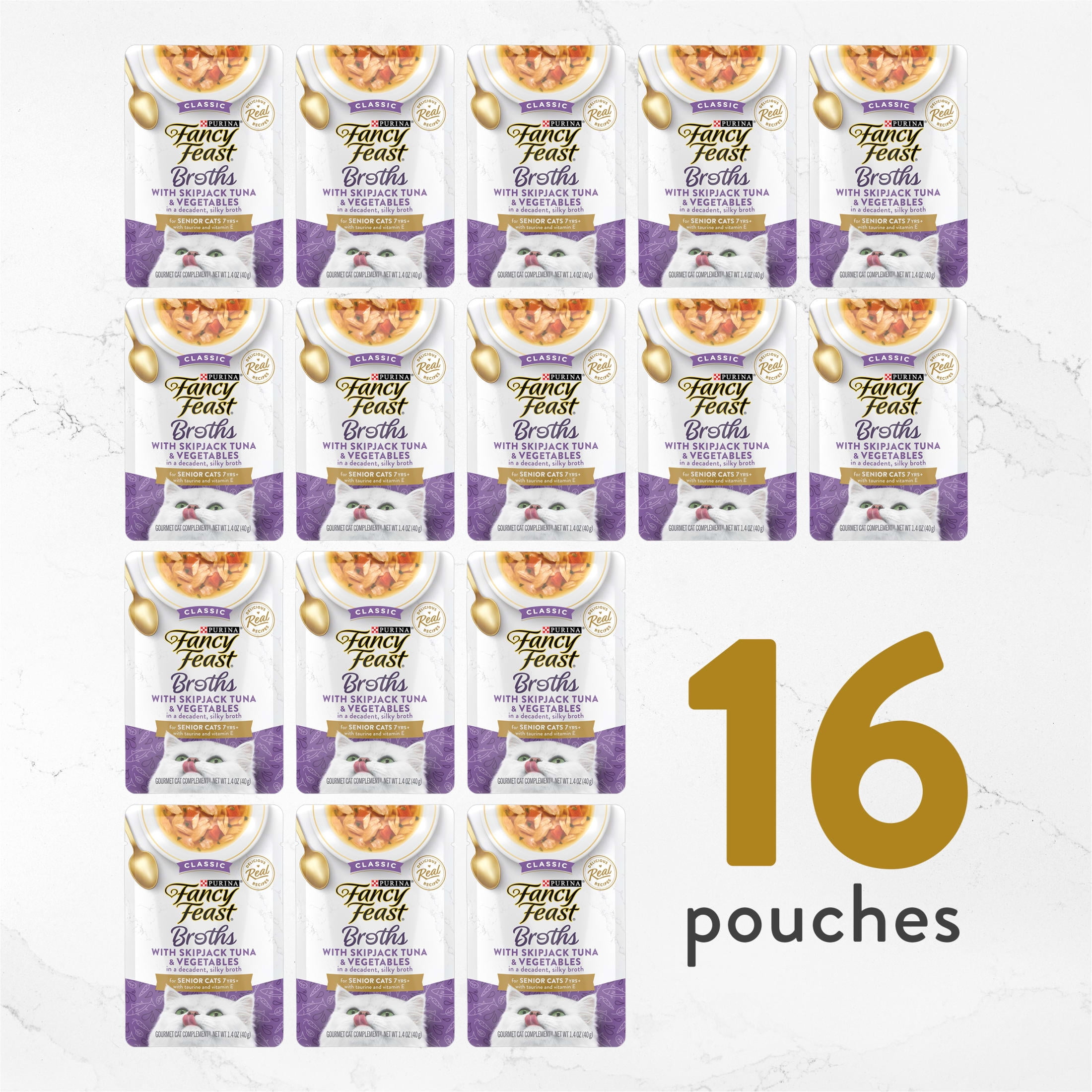 Purina Fancy Feast Broths, Wet Cat Food, Skipjack Tuna & Veggies, 1.4 oz Pouch, 16 Pack