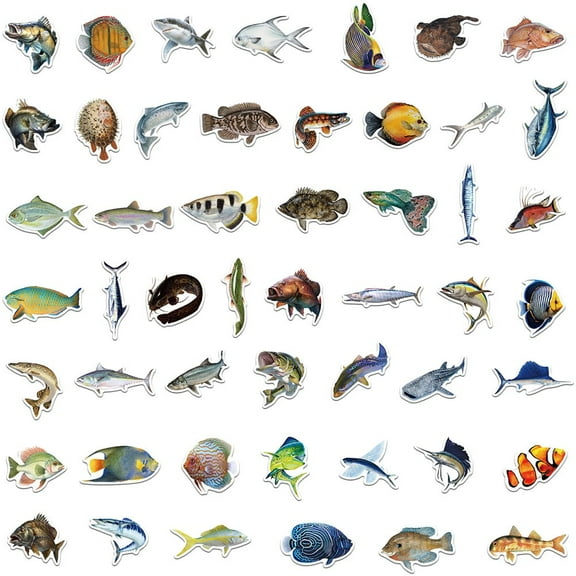 Hzzsbu 50 Pcs Fish Stickers - Waterproof Ocean Animal Decals for Kids Party, Scrapbook, Skateboard, Phone & Laptop