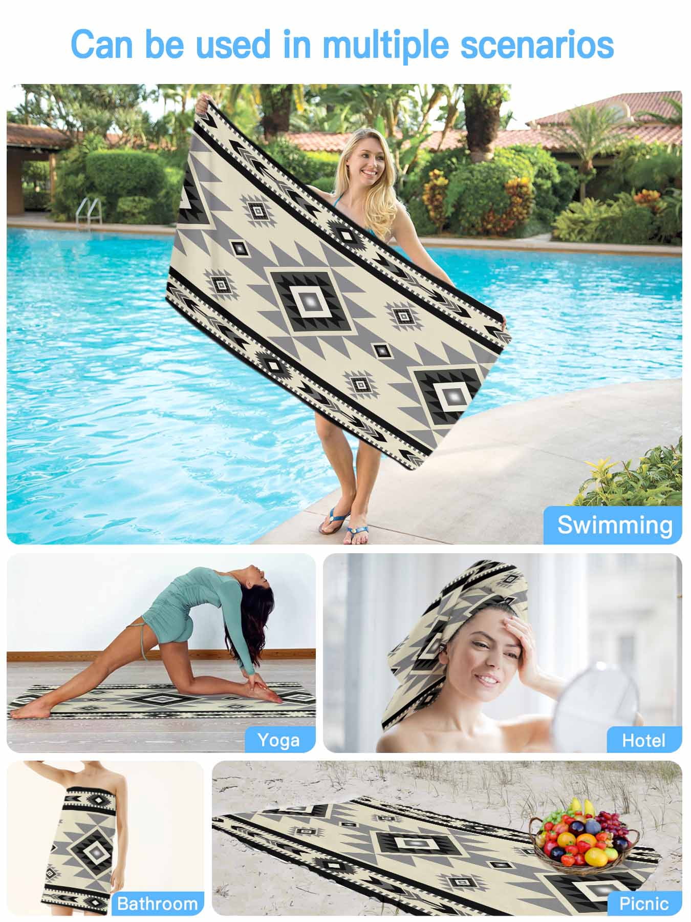 Boho Southwest Beach Towels Blanket Soft & Absorbent Quick Dry Microfiber Aztec Tribal Retro Geometric Patterns Pool Towels for Swimming ,Yoga, Sports, Gym, Camping,Large 30X60in, Gray
