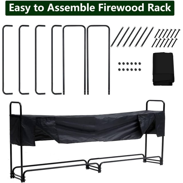 EastVita 8 FT Outdoor FireWood Rack with Cover,Heavy Duty FireWood Holder & Waterproof Cover,1/2 Cord of FireWood for Fireplace,Patio,Storage Rack,Two Sections