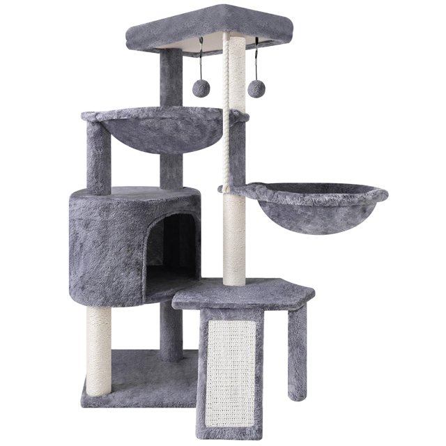 Árbol para gatos Xin de tres capas con condominio para gatos y dos hamacas, color gris