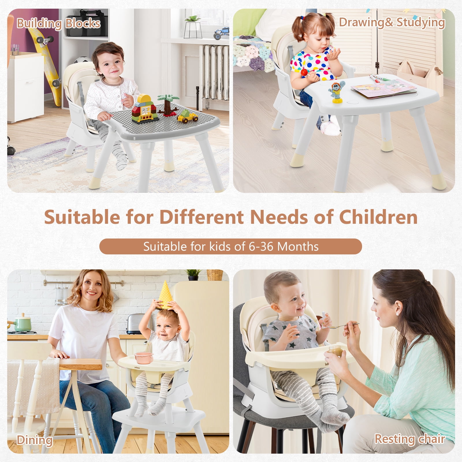 INFANS 8 in 1 Baby High Chair, Convertible Highchair for Babies and Toddlers, Infant Dining Booster Seat, Building Block Table, Kids Stool Table Chair Set with Removable Tray