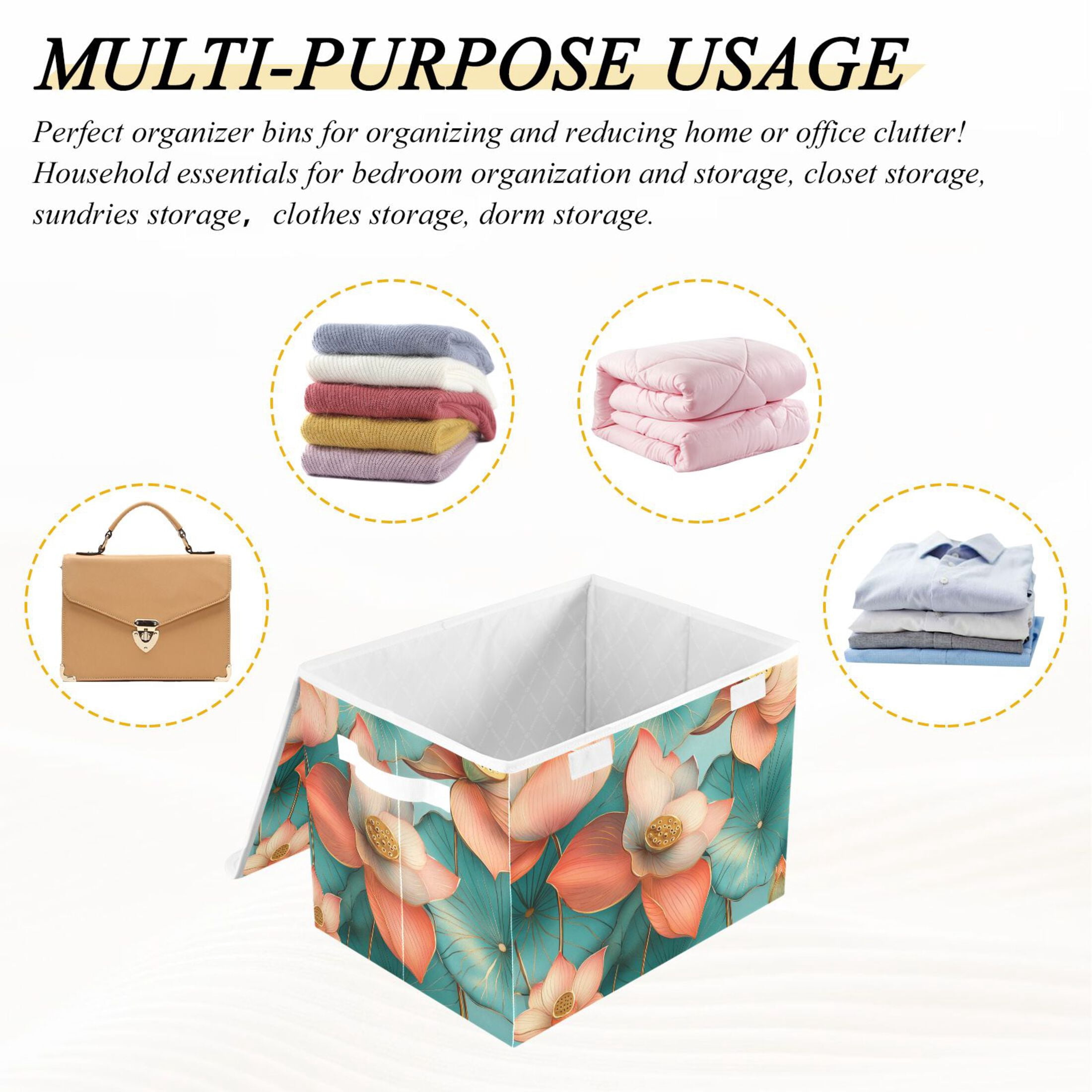 Pink Lotus Picture Large Storage Bins with Linen Collapsible Lid Storage Box 16.7 x 12.6 x 11.8in