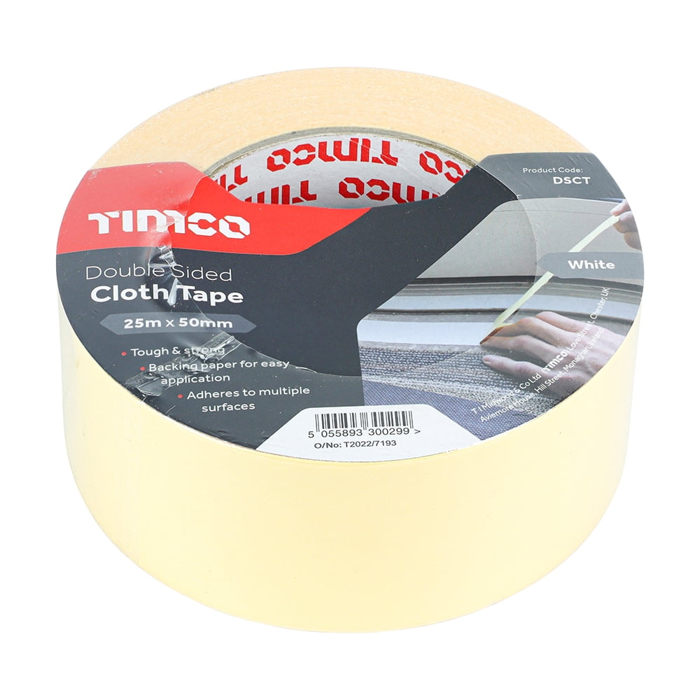 Timco - Double Sided Cloth Tape - White (Size 25m x 50mm - 1 Each)