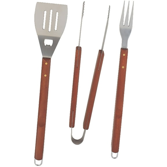 Omaha SBQ318-3-B Barbecue Tool Set with Handle and Hanger, 1.5 mm, Stainless Steel Blade, Stainless Steel, Wood Handle