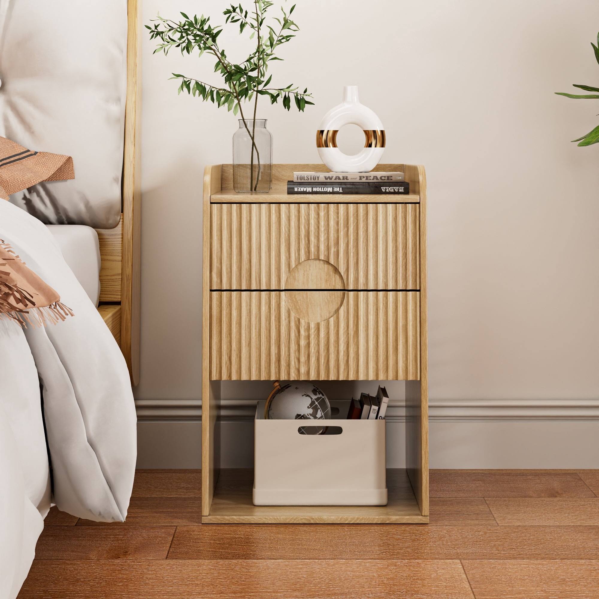 Nightstand Set of 2, End Table with Drawer, Fluted Side Table with Storage, Small bedside Table for Bedroom, Wood