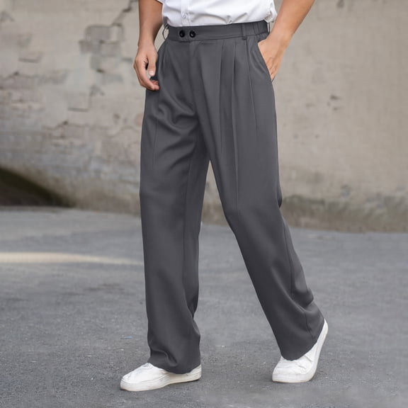 SGFCWSX Mens Dress Pants Wide Leg Pleated Double Button Waist Pockets Drapey Business Casual Daily Wear Trousers Dark Gray Size XL