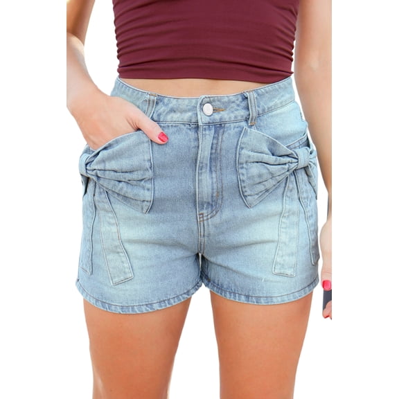 Women's Beau Blue Bow Detail Denim Shorts – Casual High Waist Summer Style with Pockets, 16