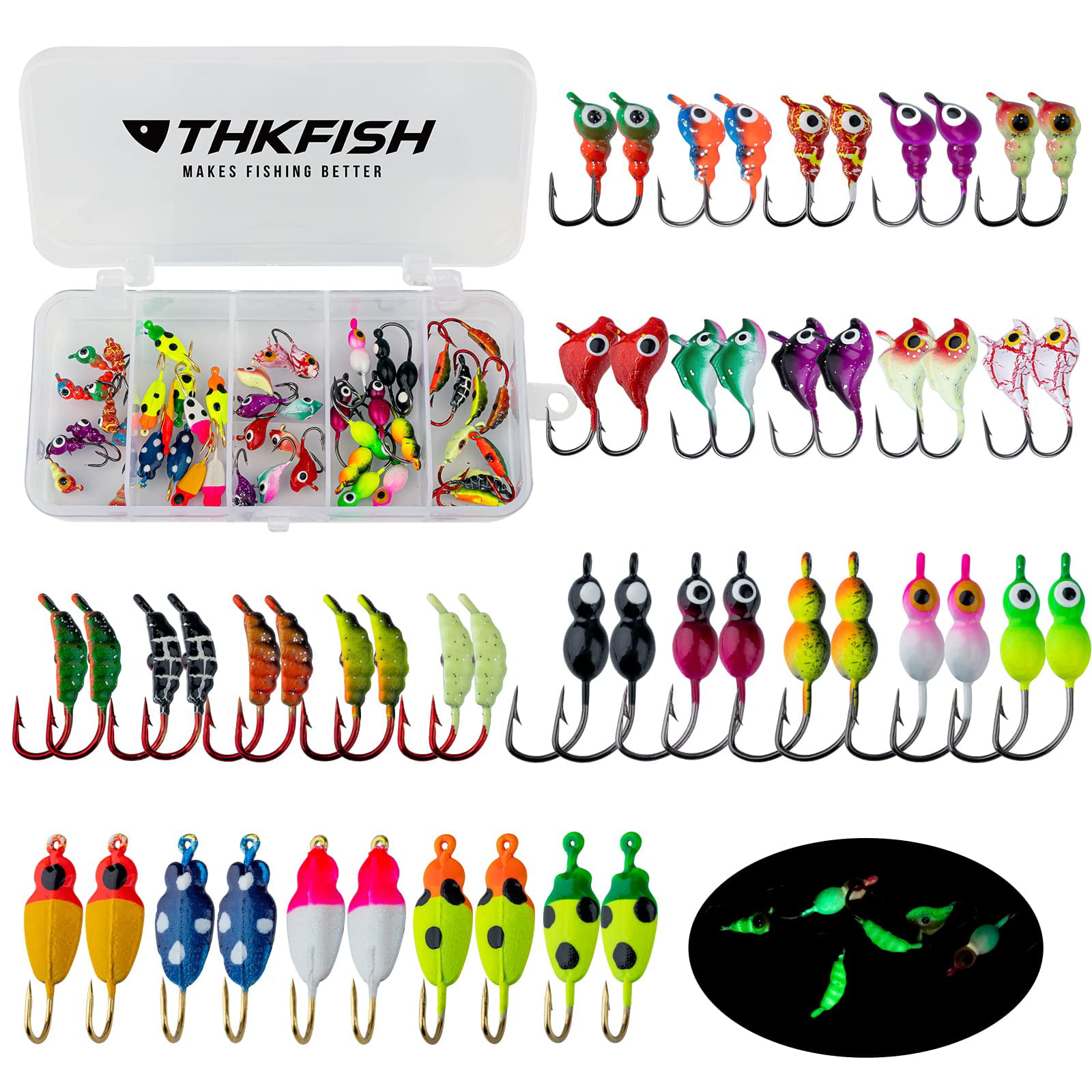 THKFISH Ice Fishing Jigs Kit Ice Fishing Lures for Walleye Perch Jigs Heads  for Ice Fishing Tackle Panfish Crappie Jigs 50PCS/31PCS 