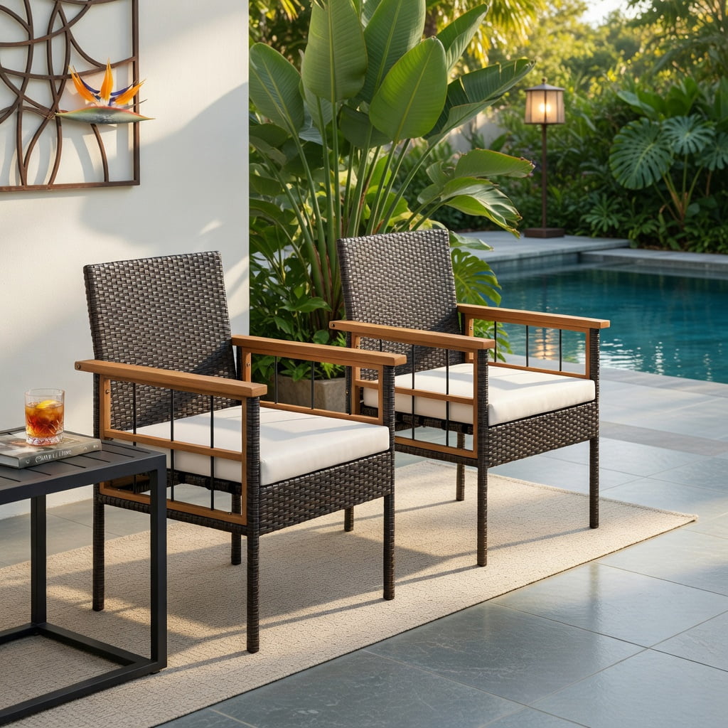 Hommoo 2-Piece Acacia Wood Patio Dining Chair Set with Removable Cushions, PE Rattan & Metal Frame, Ergonomic Design for Porch, Patio & Poolside, White