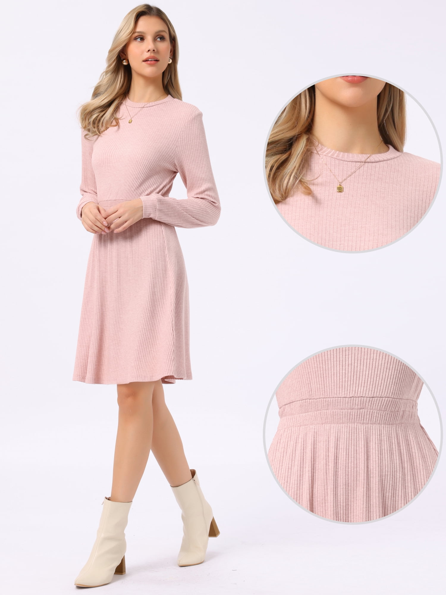 DARING DIVA Women's Long Sleeve Fall A-Line Ribbed Knit Crew Neck Dress M Pink