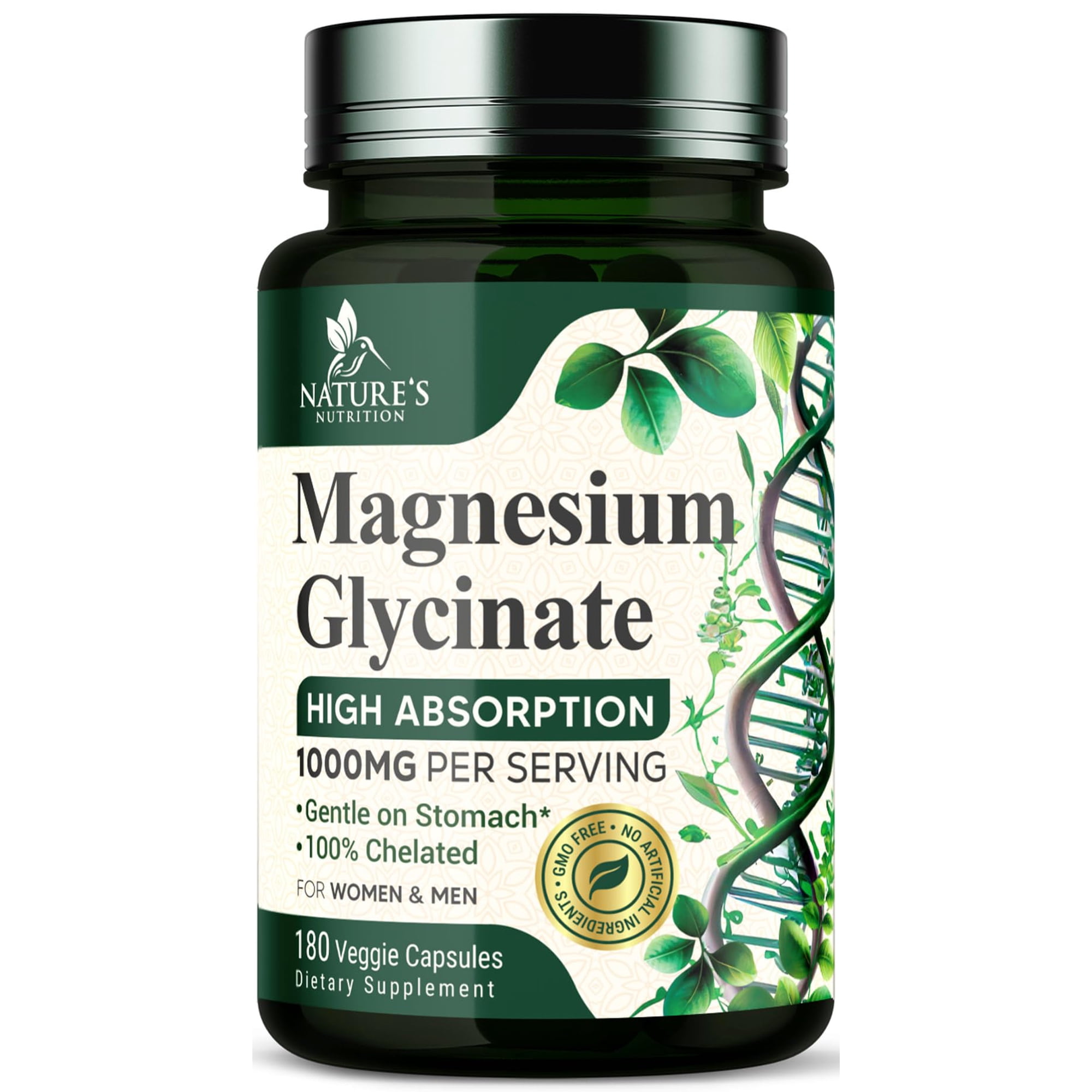 Magnesium Glycinate 1000mg - Pure & Chelated for High Absorption - Supports Muscle, Nerve, Bone & Heart Health - Best Magnesium Supplement for Gentle Sleep Support, Vegan, Bottled USA - 180 Capsules