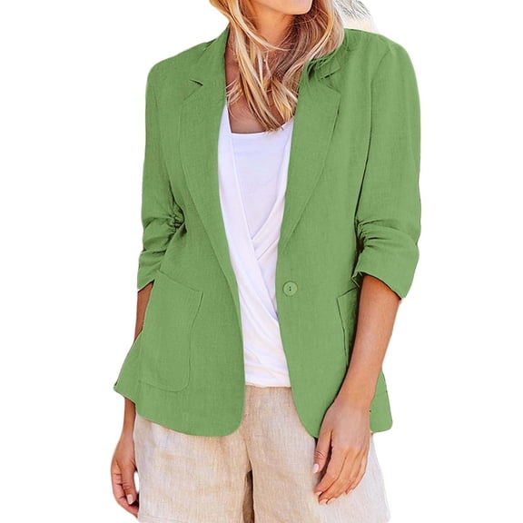 Vinsonshop Womens Lightweight Blazer Casual Linen Blend Suit Jacket Open Front Lapel Collar Work Office Spring Summer Outerwear Green 5XL