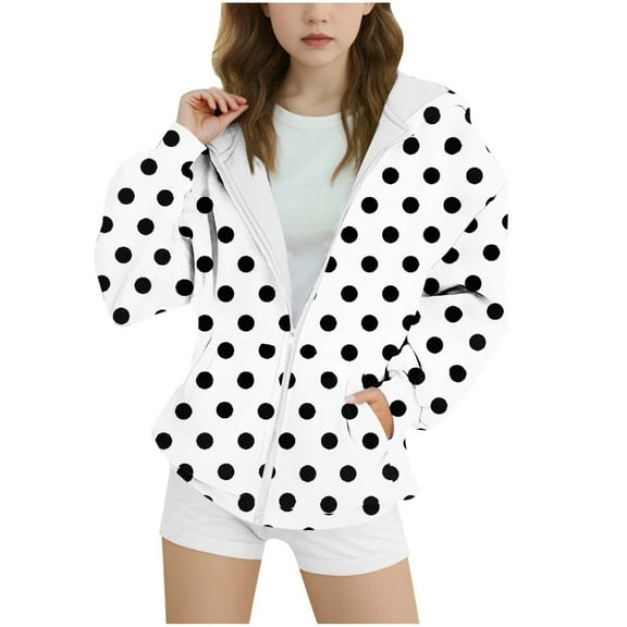 KyCheLot Lightweight Jacket for Girls Loose Polka Dot Print Long Sleeve Zip up Fall Sweatshirts with Pockets 6-15Years