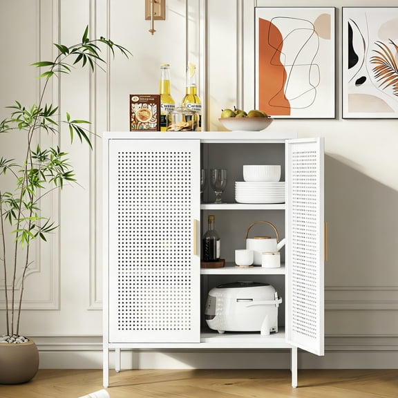 AENKYO Heavy-Duty Steel Cabinet with Ventilated Grid Doors & Gold Handle, Adjustable Shelves, for Home & Office, White