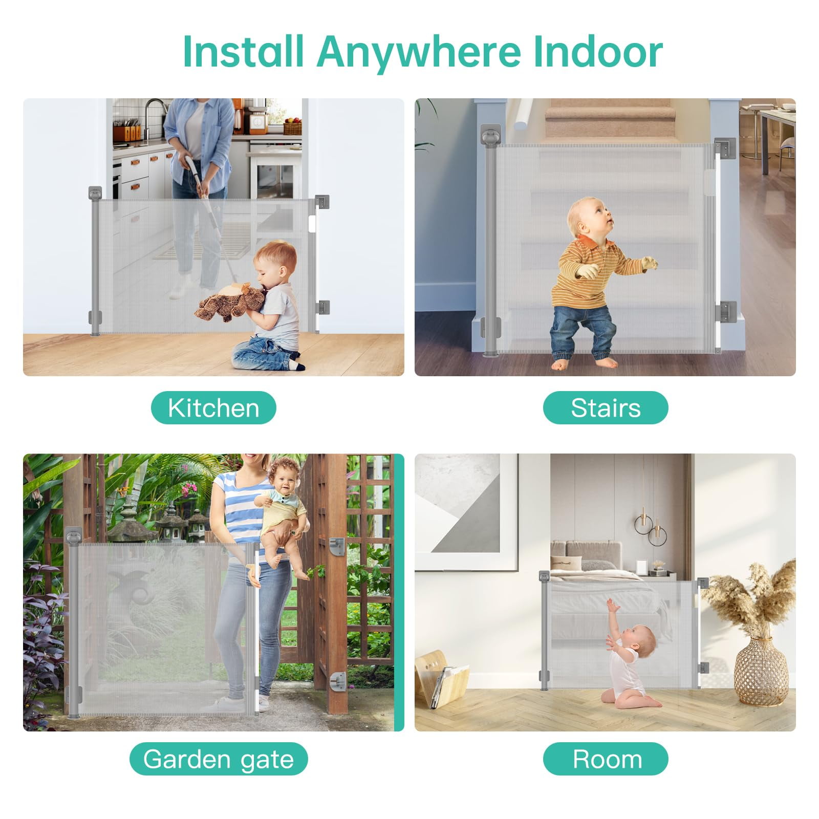 Sunnycome Retractable Baby Gate,Mesh Dog Gate,33"Tall Extends up to 63" Wide,Child Safety Gate for Doorways,Stairs,Hallways,Indoor Outdoor Gray