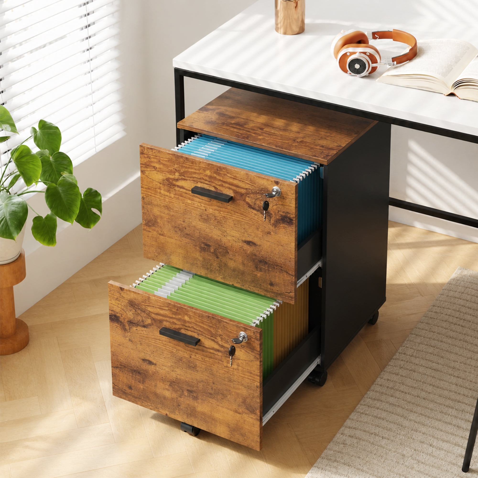 GALAXHERO 2 Drawer Filing Cabinet with Lock, Wooden Printer Stand with Storage for Home Office, Mobile Locking file Cabinet Fits Letter/A4 Hanging Files, Rustic Brown