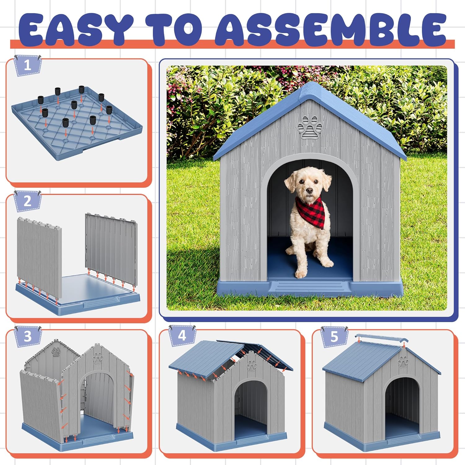Dog House Outdoor Indoor, Plastic Small Dog House-Weatherproof Design with Air Vents & Elevated Floor for Small to Medium Dogs, Easy Clean and Assemble (Blue)