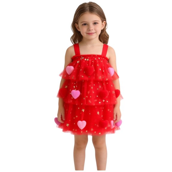 LIJCC Toddler Baby Girl Valentine Outfits - Sleeveless Layered Tulle Tutu Dress Suspenders Dresses 3D Plush Heart Red Pink Kids Clothes