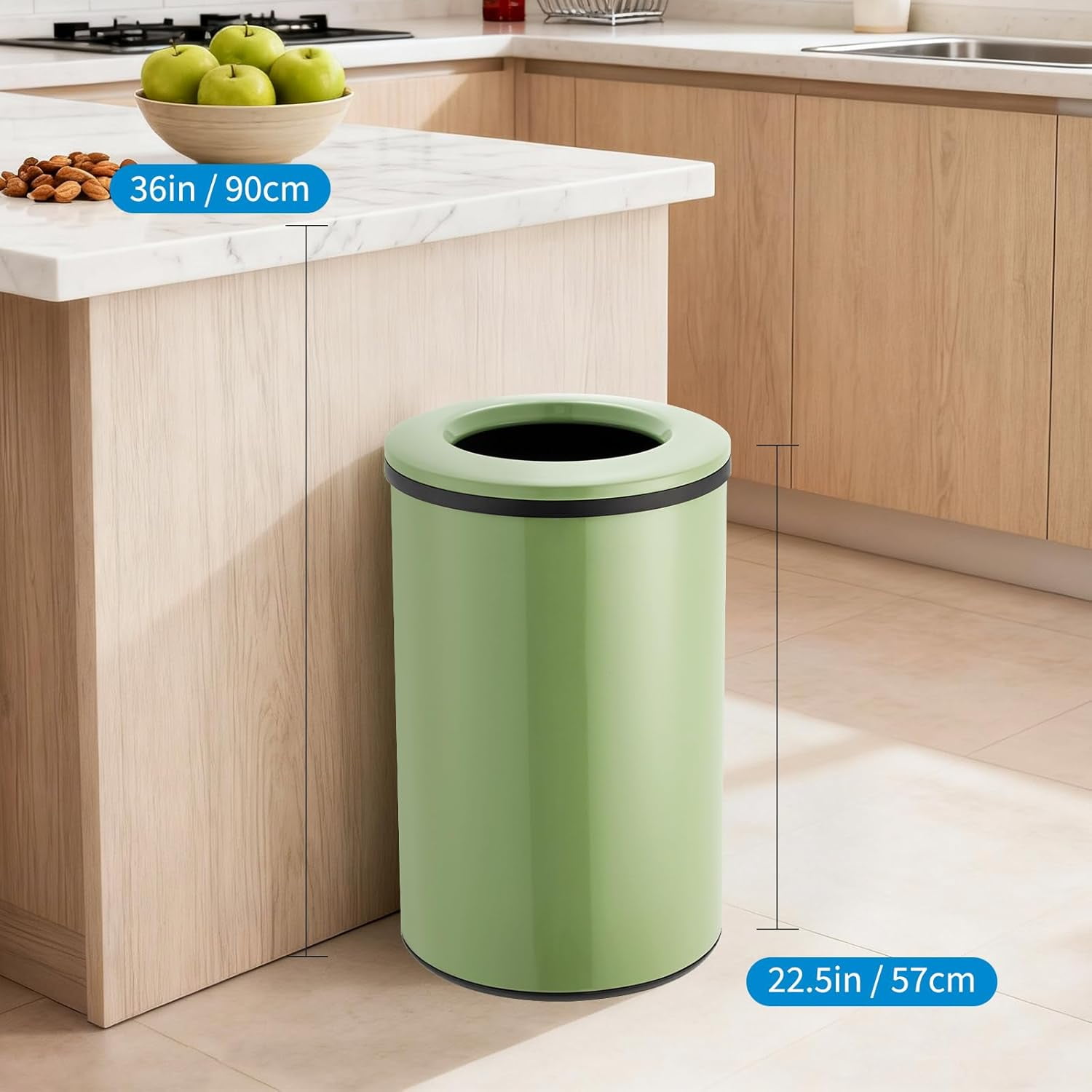 40 Liter / 10.6 Gallon Round Trash Can,Large Stainless Steel Open Top Garbage Can with Removable Inner Bucket for for Kitchen, Office, or Bathroom,Green