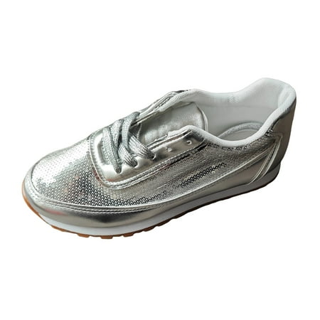 QYZEU Womens Wide Flats Casual Shoes for Women Platform Women s Sequined Sneakers Fashionable Plus Comfortable Sneakers Women Comfortable Shoes Silver 38