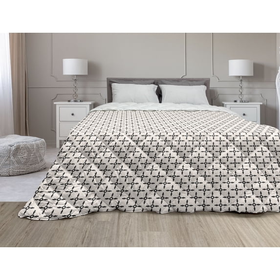 Tribal Down Alternative Comforter, Funky Geometric Bohemian Diagonal Zigzags Chevron Liners Parallels Simplistic Motif, Microfiber Quilt for All Season, 5 Sizes, Ivory Black, by Ambesonne