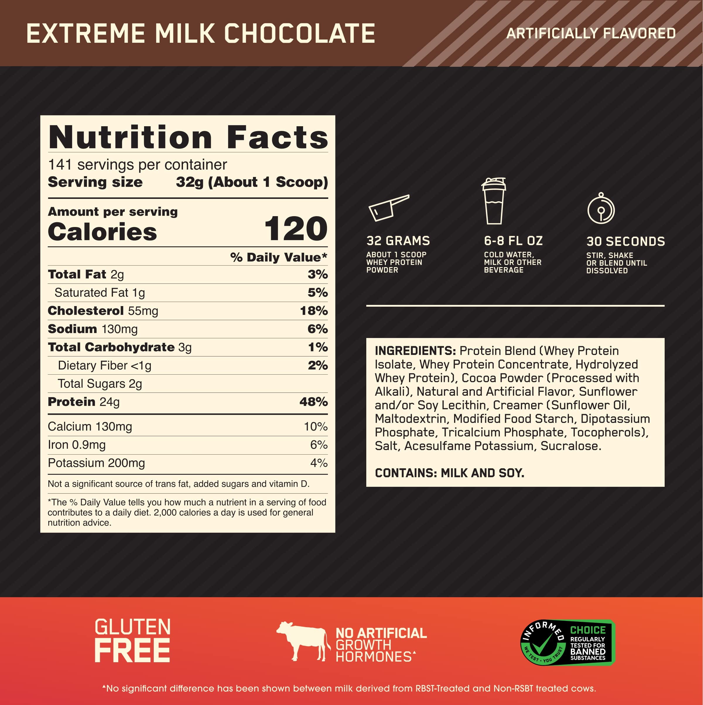 Optimum Nutrition Gold Standard 100% Whey Protein Powder, Extreme Milk Chocolate, 24g Protein, 10 LB