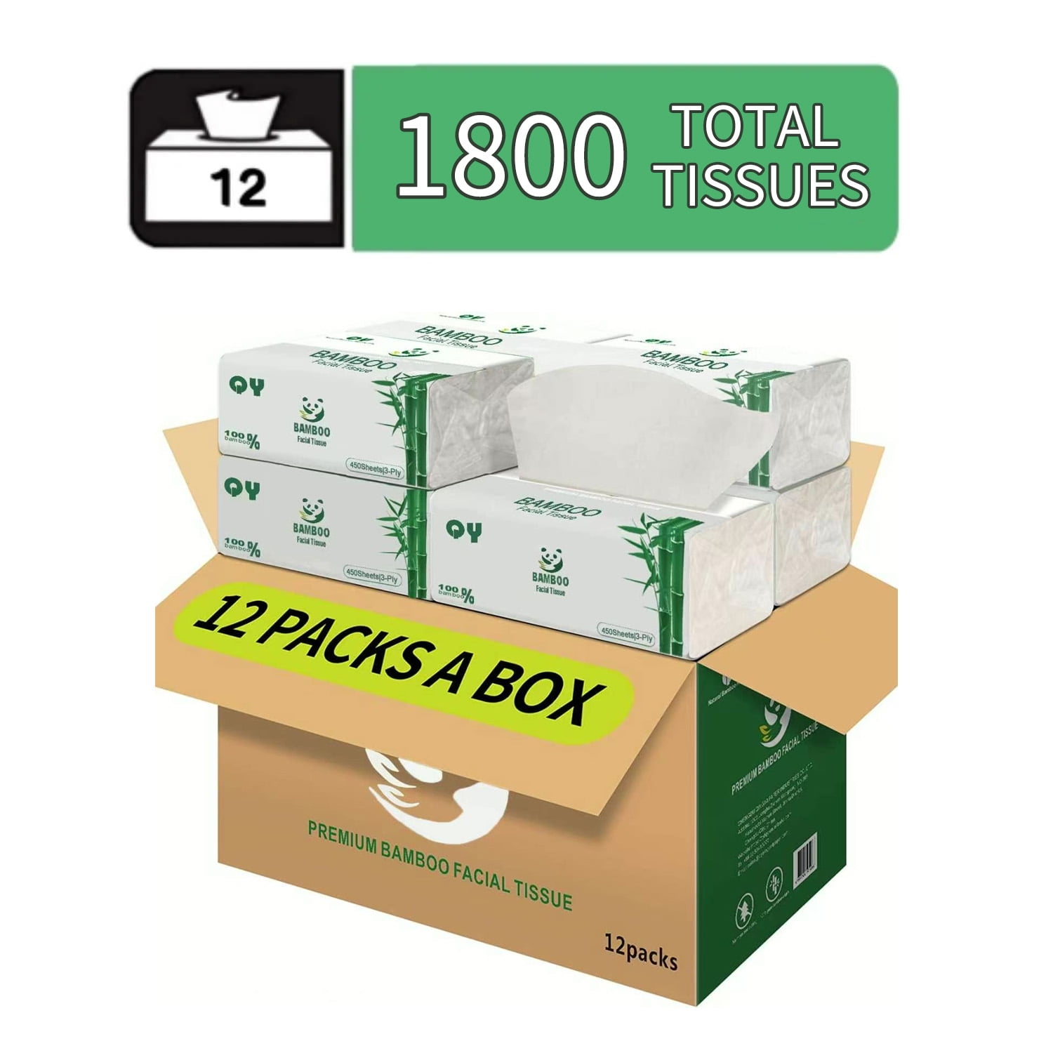 QingYa Bamboo Facial Tissue, 3-Ply Bleached Facial Paper, 12 Packs, Soft for Wet & Dry Use (150 Tissue per Pack, 1800 Tissues Total）