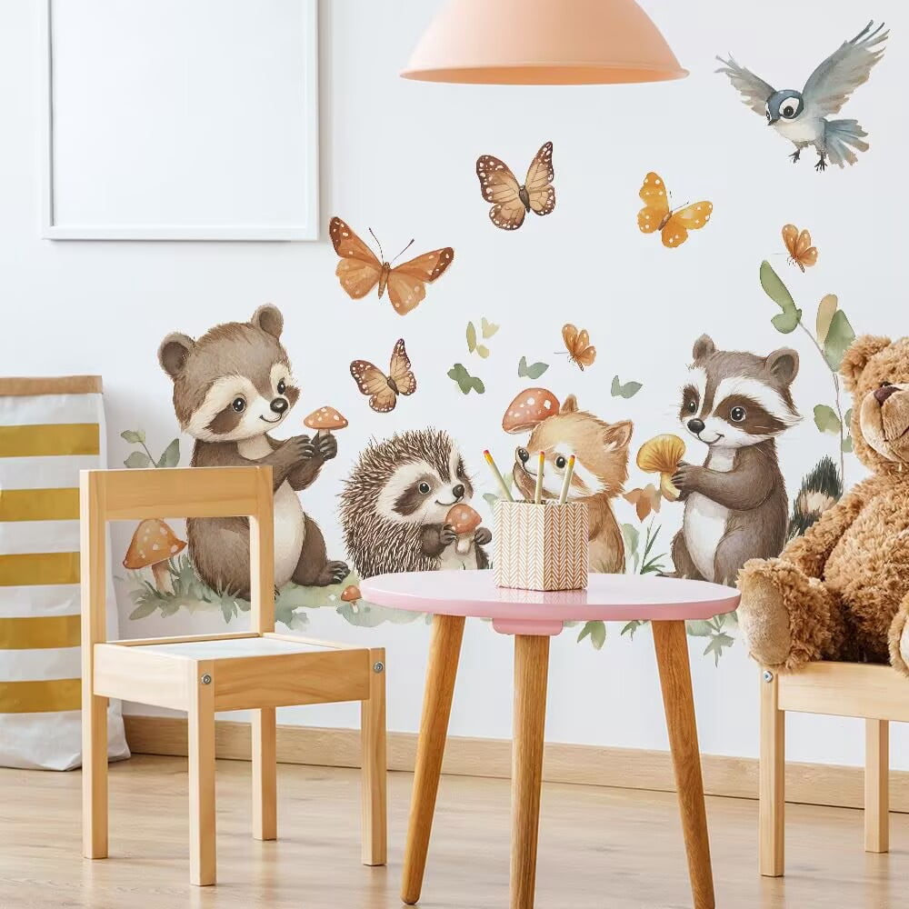 Woodland Animal Tree Branch Wall Decals Bear Fox Deer Forest Wall Stickers Kids Room Removable Vinyl DIY Peel and Stick Kids Bedroom Living Room Window Wall Decor
