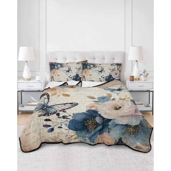 Quilts King Size, Vintage Blue Floral Soft Comforter Bedding Set for Bed, Butterflies Watercolor Flower Tan Lightweight Quilted Bedspread with Pillow Cover(2 Pieces) for All Season, 96x106 Inch