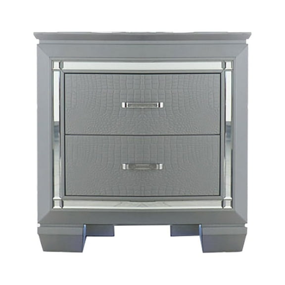 Benzara Mirror Accented Wooden Night Stand With 2 Drawer, Gray