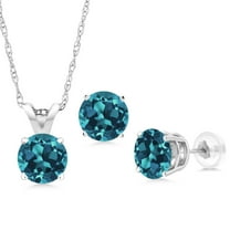 Gem Stone King 14K White Gold London Blue Topaz Pendant Earrings Jewelry Set for Women | 1.50 Cttw | Gemstone November Birthstone | Round 5MM | with 18 inch Chain