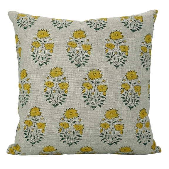 Fabdivine Floral Block Print Boho Decorative "Thick Linen" Throw Pillow Cover, Handblock Printed Cushion Cover for Sofa , 18"X18", "Mustard"