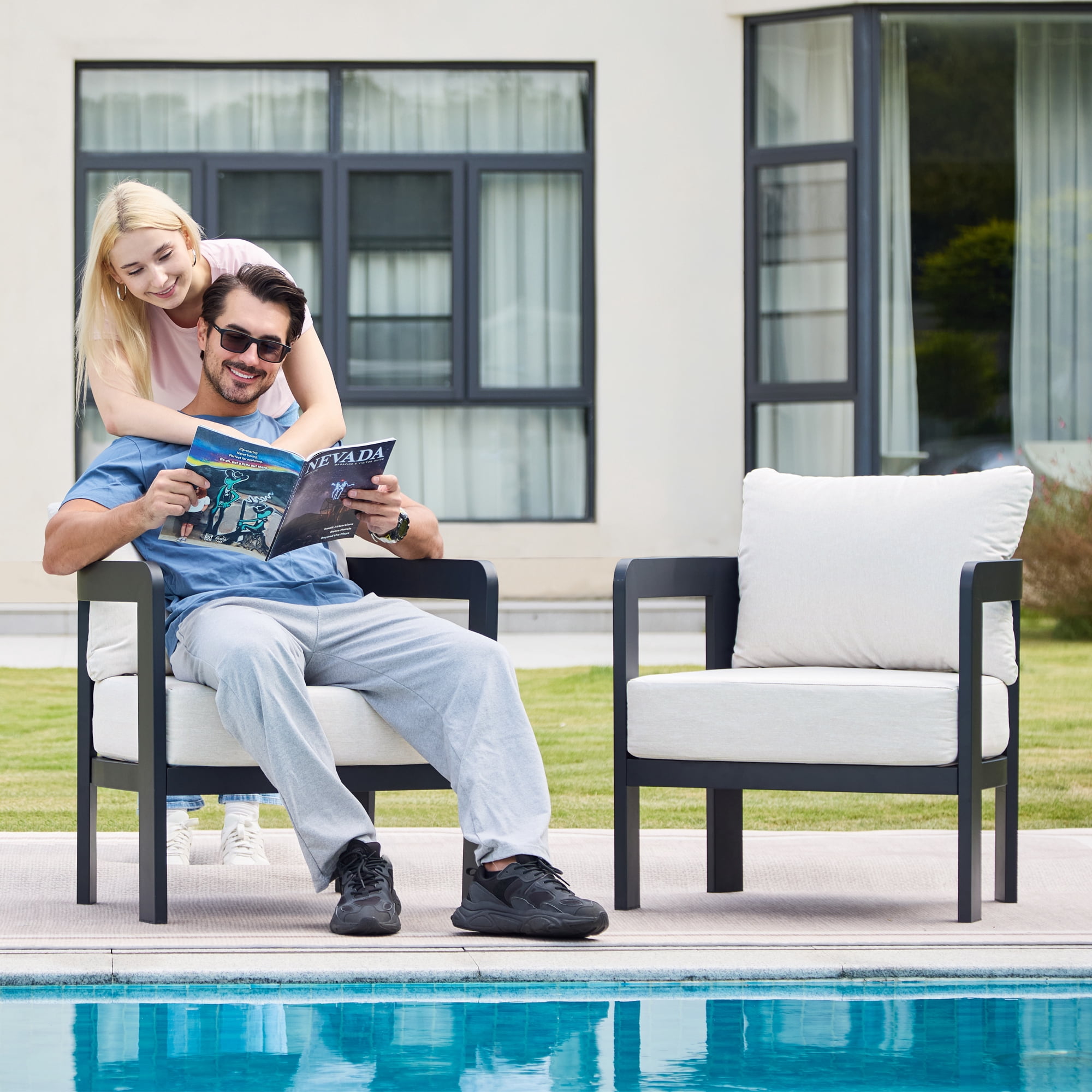 COMLAX FIELD Outdoor Furniture Set, 2-Piece Metal Modern Patio Armchairs with Thick Cushions, Outdoor Conversation Set Balcony Chairs