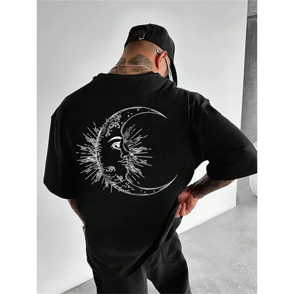 Men's Oversized Gothic Celestial Moon Face Graphic T-Shirt