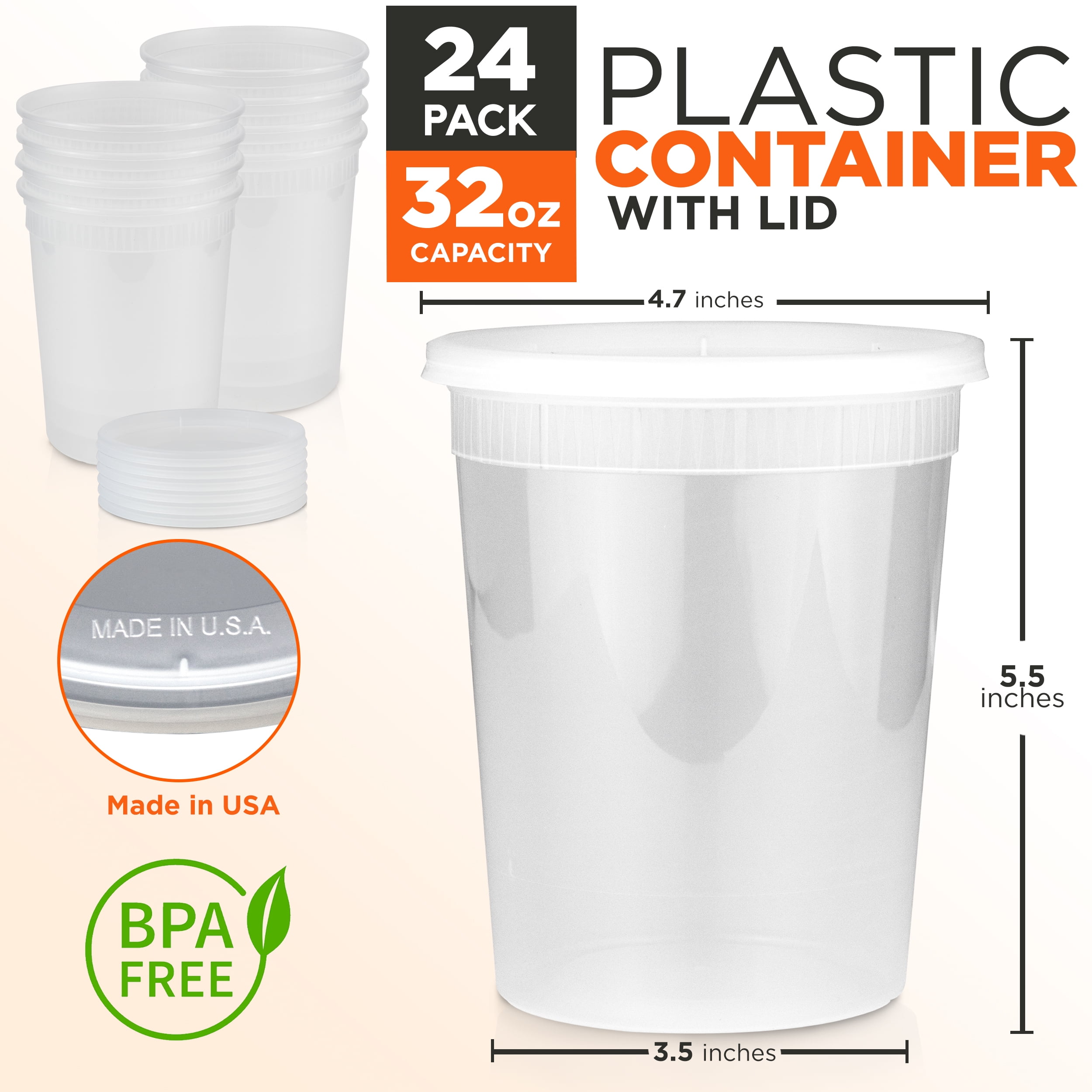 Food Storage Containers with Lids, Round Plastic Deli Cups, US Made, 16 and  32 oz, Cup Pint Quart Size, Leak Proof, Airtight, Microwave & Dishwasher  Safe, Stackable, Reusable, White [40 Pack] 
