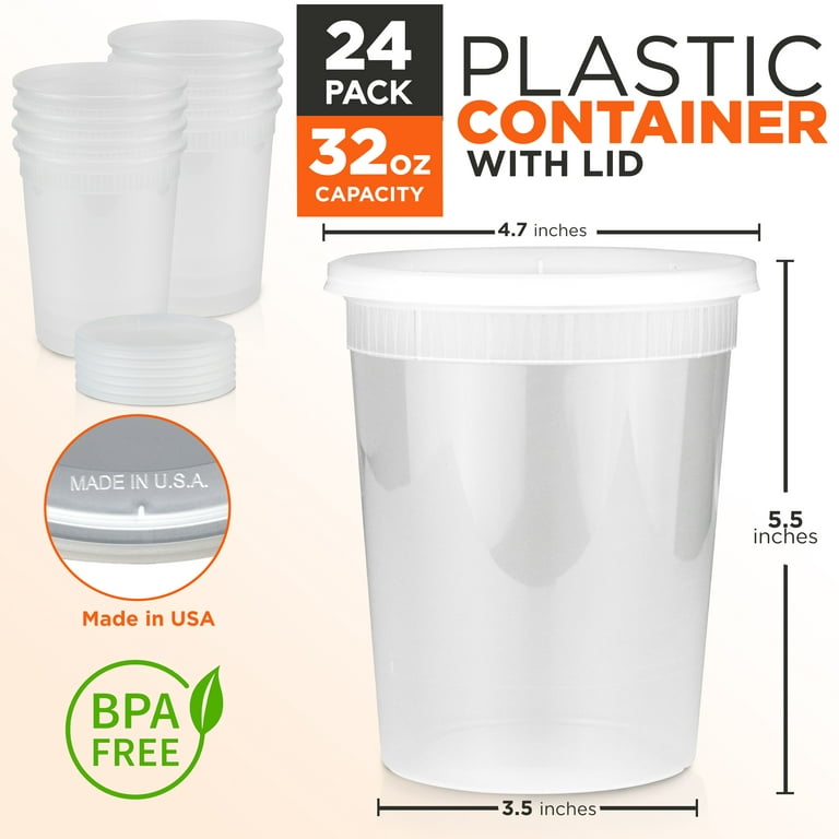 Food Storage Containers with Lids, Round Plastic Deli Cups, US Made, 16 and  32 oz, Cup Pint Quart Size, Leak Proof, Airtight, Microwave & Dishwasher